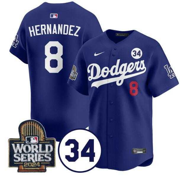 Men%27s Los Angeles Dodgers #8 Enrique Hernandez Royal 2024 World Series With No. 34 Patch Limited Stitched Baseball Jersey